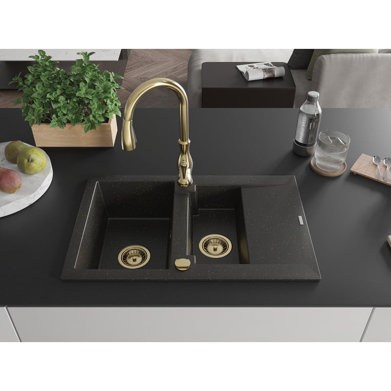 Mexen Gaspar Granitspüle 1,5-Fach mit Abtropffläche und Küchenarmatur Savita, schwarz/gold - 6507-75-672601-50