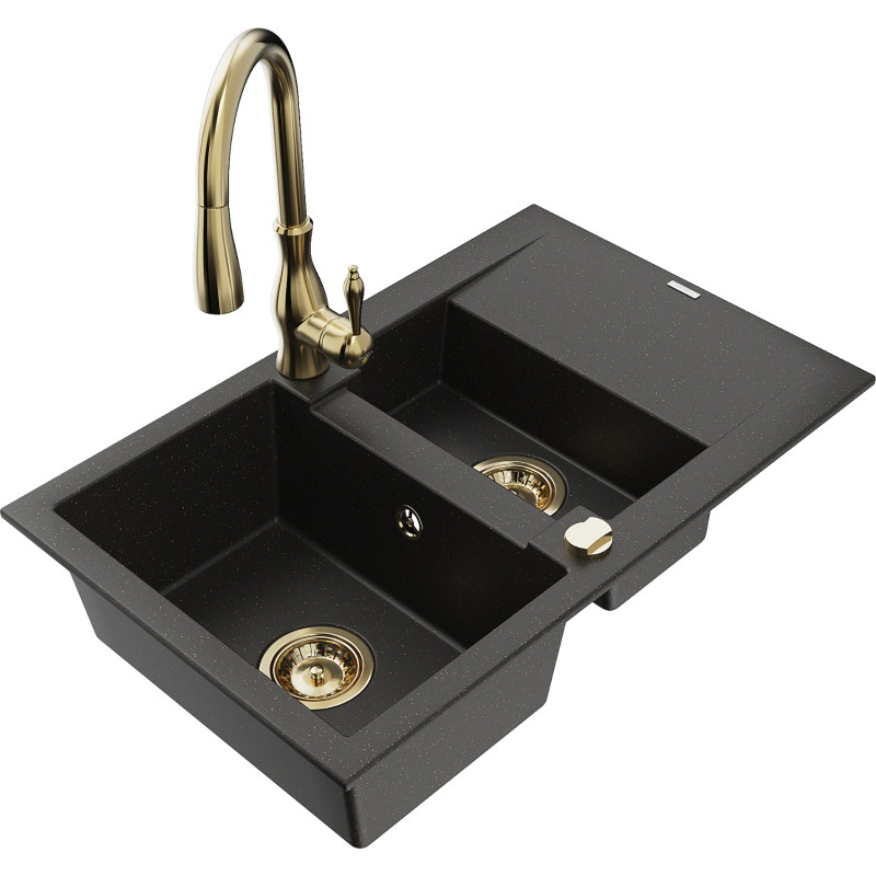 Mexen Gaspar 1,5-Becken Granitspüle mit Abtropffläche und Küchenarmatur Savita, schwarz/gold - 6507-75-672601-50