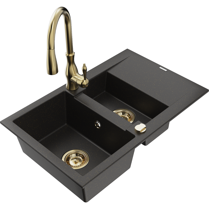 Mexen Gaspar Granitspüle 1,5-Fach mit Abtropffläche und Küchenarmatur Savita, schwarz/gold - 6507-75-672601-50