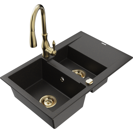 Mexen Gaspar Granitspüle 1,5-Fach mit Abtropffläche und Küchenarmatur Savita, schwarz/gold - 6507-75-672601-50