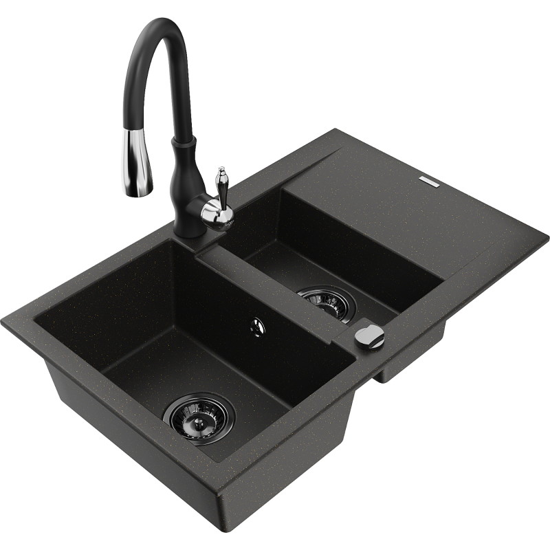 Mexen Gaspar Granitspüle 1,5-Becken mit Abtropffläche und Küchenarmatur Savita, schwarz/gold - 6507-75-672601-70-B