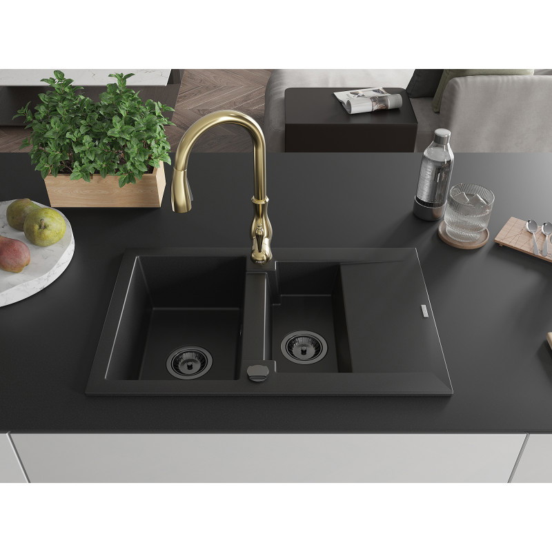 Mexen Gaspar Granitspüle 1,5-Becken mit Abtropffläche und Küchenarmatur Savita, schwarz - 6507-77-672601-50-B