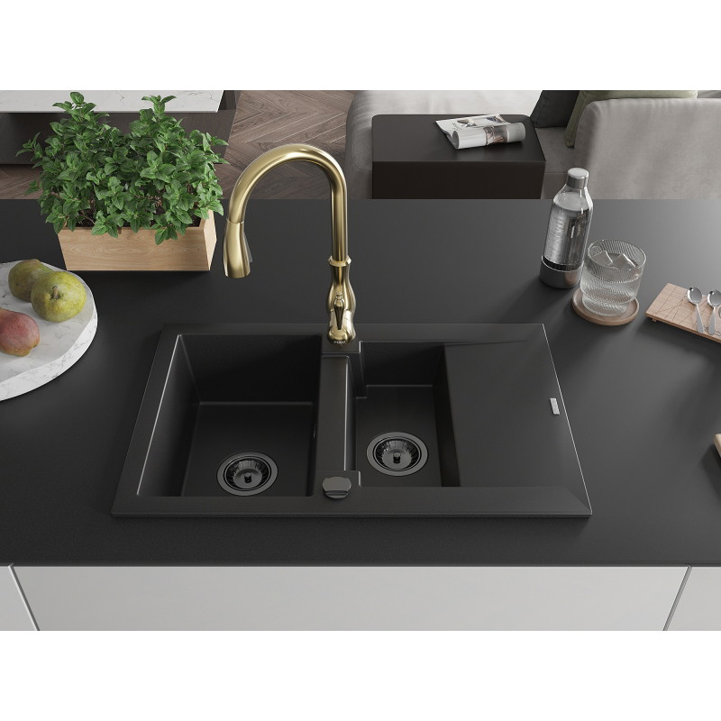 Mexen Gaspar Granitspüle 1,5-beckig mit Abtropffläche und Küchenarmatur Savita, schwarz - 6507-77-672601-50-B