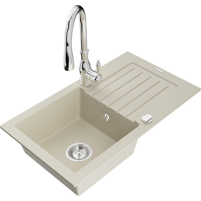 Mexen Pablo 1-Kammer-GranitsSpüle mit Abtropffläche und Küchenarmatur Savita, beige - 6510-69-672601-00