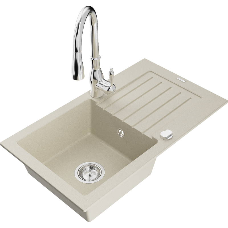 Mexen Pablo Granitspüle 1-Becken mit Abtropffläche und Küchenarmatur Savita, beige - 6510-69-672601-00
