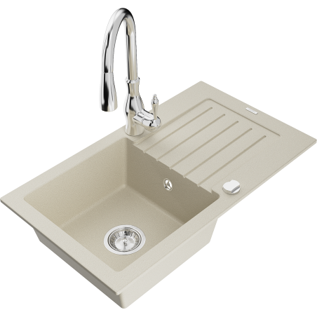Mexen Pablo Granitspüle 1-Becken mit Abtropffläche und Küchenarmatur Savita, beige - 6510-69-672601-00