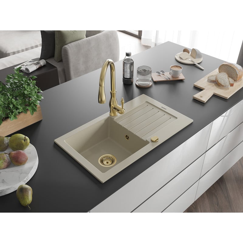 Mexen Pablo Granitspüle 1-Becken mit Abtropffläche und Küchenarmatur Savita, beige - 6510-69-672601-50
