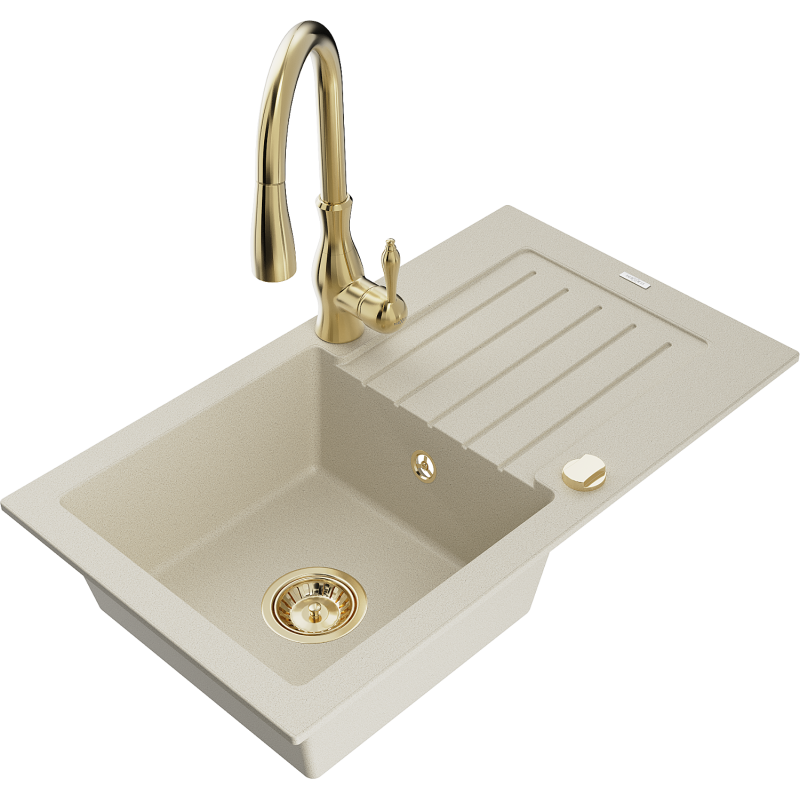 Mexen Pablo Granitspüle 1-Becken mit Abtropffläche und Küchenarmatur Savita, beige - 6510-69-672601-50