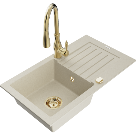 Mexen Pablo Granitspüle 1-Becken mit Abtropffläche und Küchenarmatur Savita, beige - 6510-69-672601-50