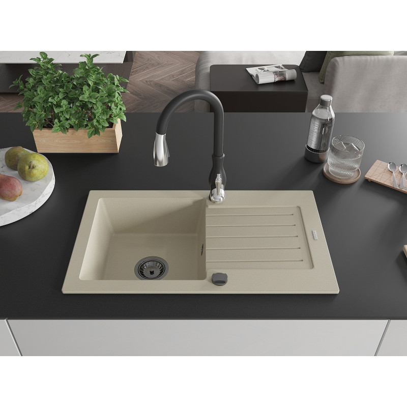 Mexen Pablo 1-Becken Granitspüle mit Abtropffläche und Küchenarmatur Savita, beige - 6510-69-672601-70