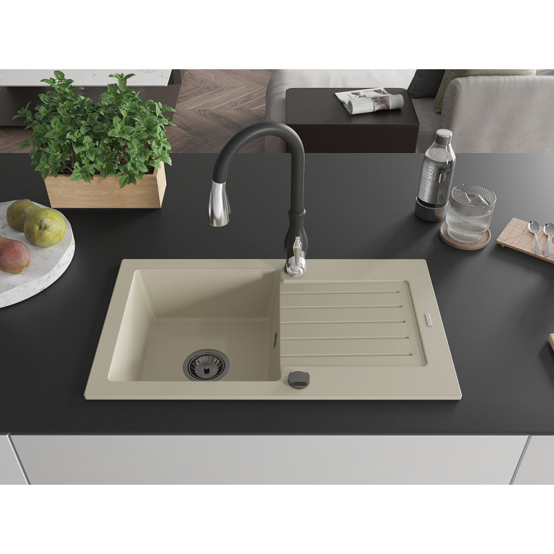 Mexen Pablo Granitspüle 1-Becken mit Abtropffläche und Küchenarmatur Savita, beige - 6510-69-672601-70