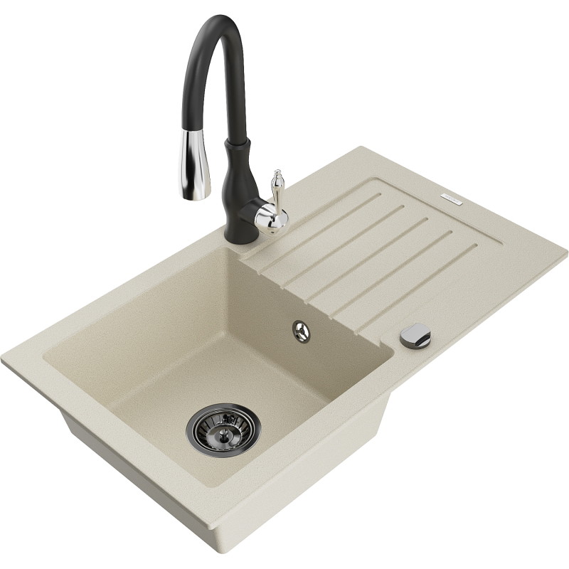 Mexen Pablo 1-Becken Granitspüle mit Abtropffläche und Küchenarmatur Savita, beige - 6510-69-672601-70