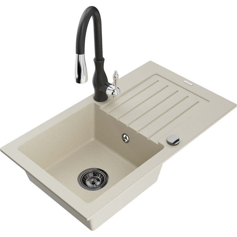 Mexen Pablo Granitspüle 1-Becken mit Abtropffläche und Küchenarmatur Savita, beige - 6510-69-672601-70