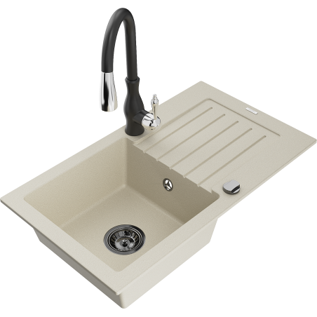 Mexen Pablo Granitspüle 1-Becken mit Abtropffläche und Küchenarmatur Savita, beige - 6510-69-672601-70