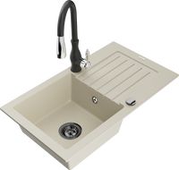 Mexen Pablo Granitspüle 1-Becken mit Abtropffläche und Küchenarmatur Savita, beige - 6510-69-672601-70