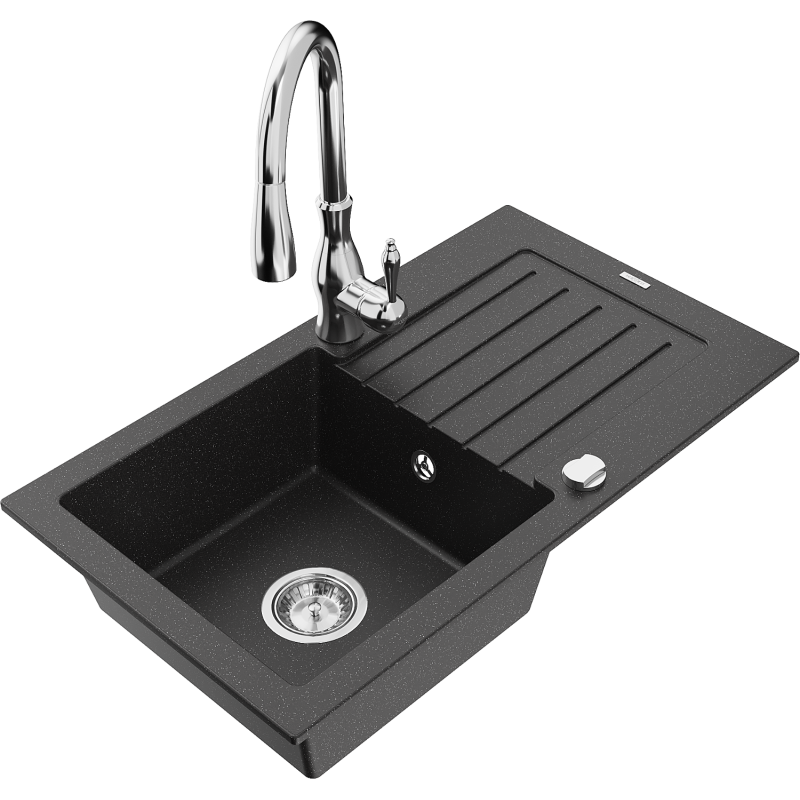 Mexen Pablo Granitspüle 1-Becken mit Abtropffläche und Küchenarmatur Savita, schwarz/silber Metallic - 6510-73-672601-00