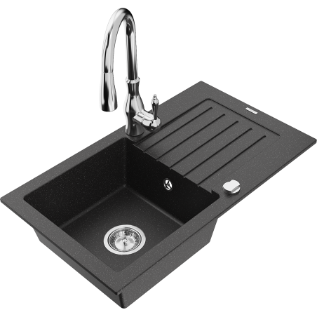 Mexen Pablo Granitspüle 1-Becken mit Abtropffläche und Küchenarmatur Savita, schwarz/silber Metallic - 6510-73-672601-00