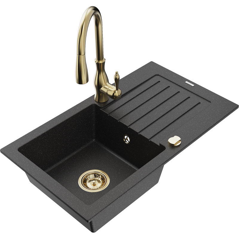 Mexen Pablo Granitspüle 1-Becken mit Abtropffläche und Küchenarmatur Savita, schwarz/silber metallic - 6510-73-672601-50