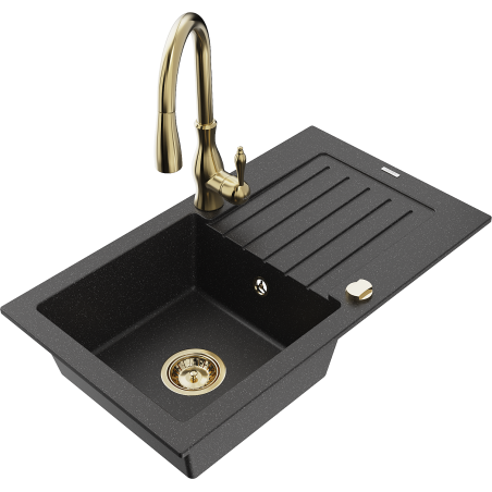 Mexen Pablo Granitspüle 1-Becken mit Abtropffläche und Küchenarmatur Savita, schwarz/silber metallic - 6510-73-672601-50