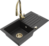 Mexen Pablo Granitspüle 1-Becken mit Abtropffläche und Küchenarmatur Savita, schwarz/silber metallic - 6510-73-672601-50