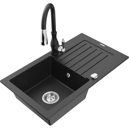 Mexen Pablo Granitspüle 1-Becken mit Abtropffläche und Küchenarmatur Savita, schwarz/silber-metallic - 6510-73-672601-70
