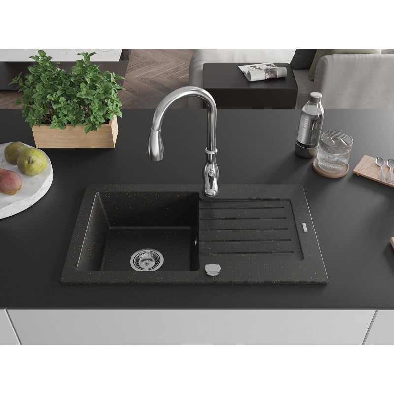 Mexen Pablo Granitspüle 1-Becken mit Abtropffläche und Küchenarmatur Savita, schwarz/gold metallic - 6510-75-672601-00
