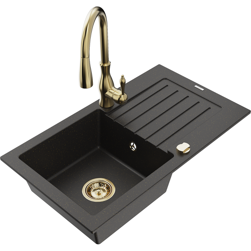 Mexen Pablo Granitspüle 1-Becken mit Abtropffläche und Küchenarmatur Savita, schwarz/gold metallic - 6510-75-672601-50