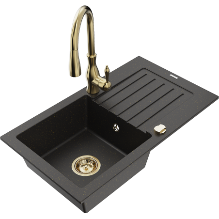 Mexen Pablo Granitspüle 1-Becken mit Abtropffläche und Küchenarmatur Savita, schwarz/gold metallic - 6510-75-672601-50