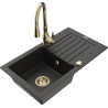 Mexen Pablo Granitspüle 1-Becken mit Abtropffläche und Küchenarmatur Savita, schwarz/gold metallic - 6510-75-672601-50