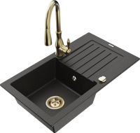 Mexen Pablo Granitspüle 1-Becken mit Abtropffläche und Küchenarmatur Savita, schwarz/gold metallic - 6510-75-672601-50