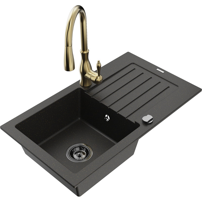 Mexen Pablo Granitspüle 1-becken mit Abtropffläche und Küchenarmatur Savita, schwarz/gold metallic - 6510-75-672601-50-B