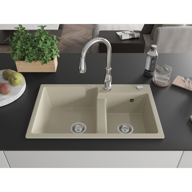 Mexen Tomas granitspüle 2-Kammer mit Küchenarmatur Savita, beige - 6516-69-672601-00