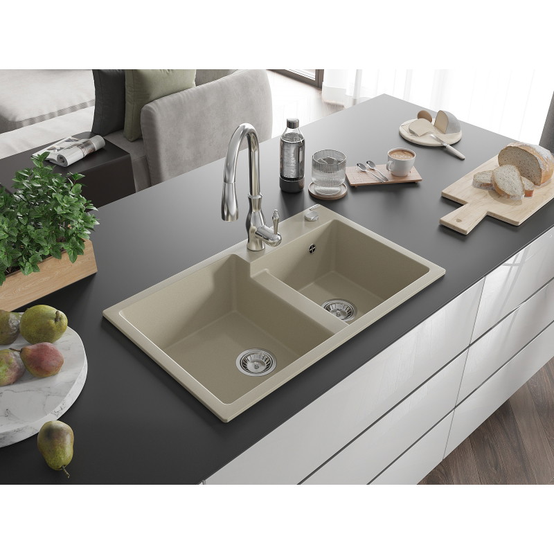 Mexen Tomas 2-Kammer-Granitspüle mit Küchenarmatur Savita, beige - 6516-69-672601-00