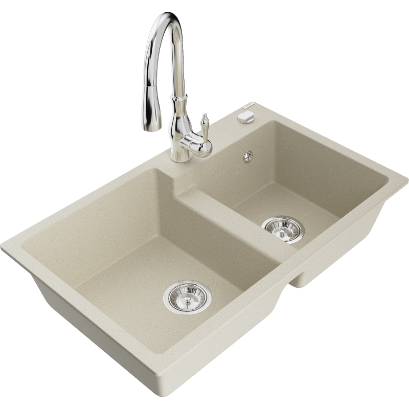 Mexen Tomas granitspüle 2-Kammer mit Küchenarmatur Savita, beige - 6516-69-672601-00