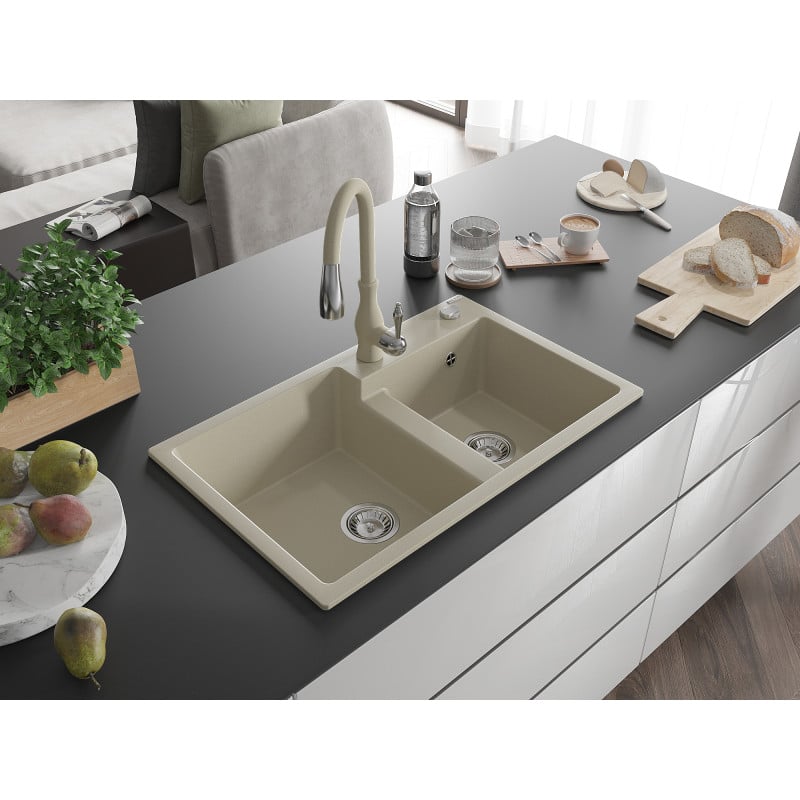 Mexen Tomas Granitspüle 2-becken mit Küchenarmatur Savita, beige - 6516-69-672601-69