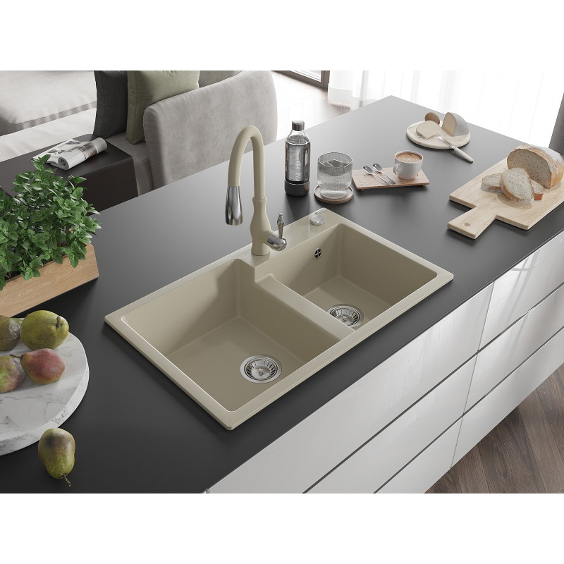Mexen Tomas granitspüle 2-kammer mit küchenarmatur Savita, beige - 6516-69-672601-69