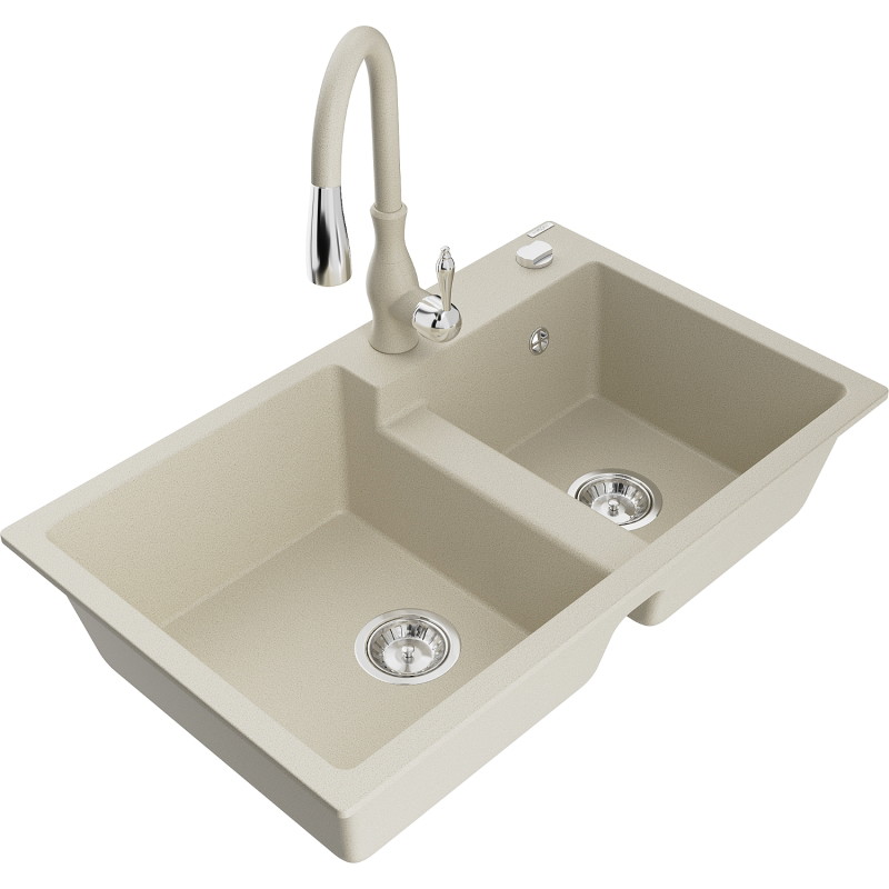 Mexen Tomas Granitspüle 2-Kammer mit Küchenbatterie Savita, beige - 6516-69-672601-69