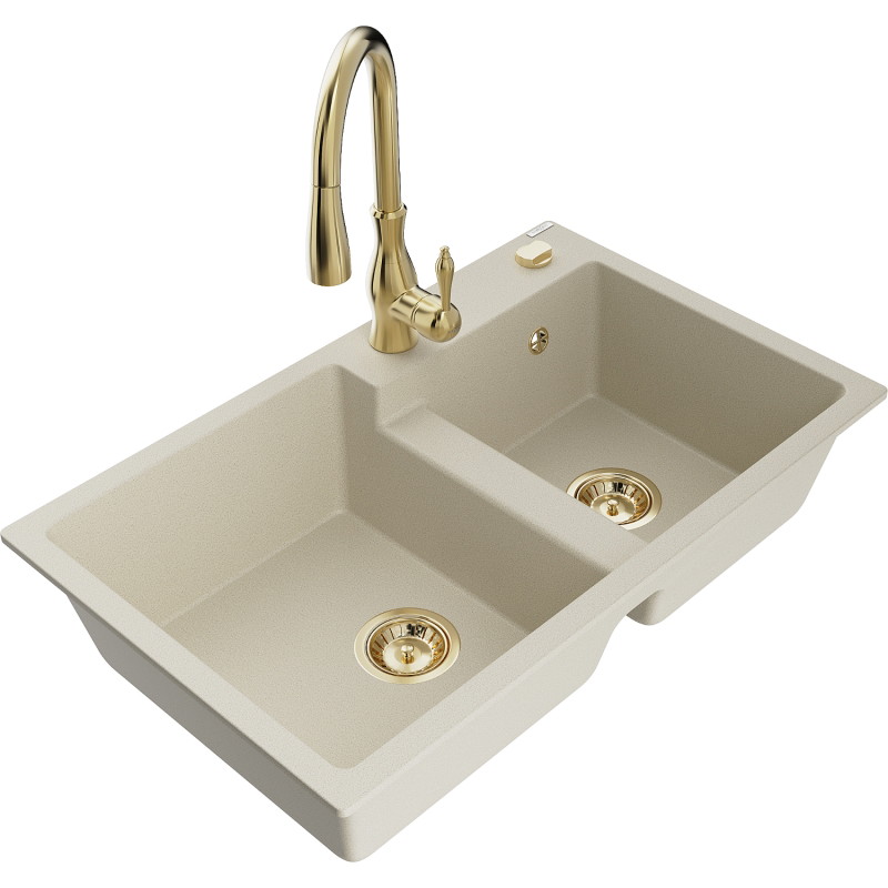 Mexen Tomas granitspüle 2-becken mit küchenarmatur Savita, beige - 6516-69-672601-50