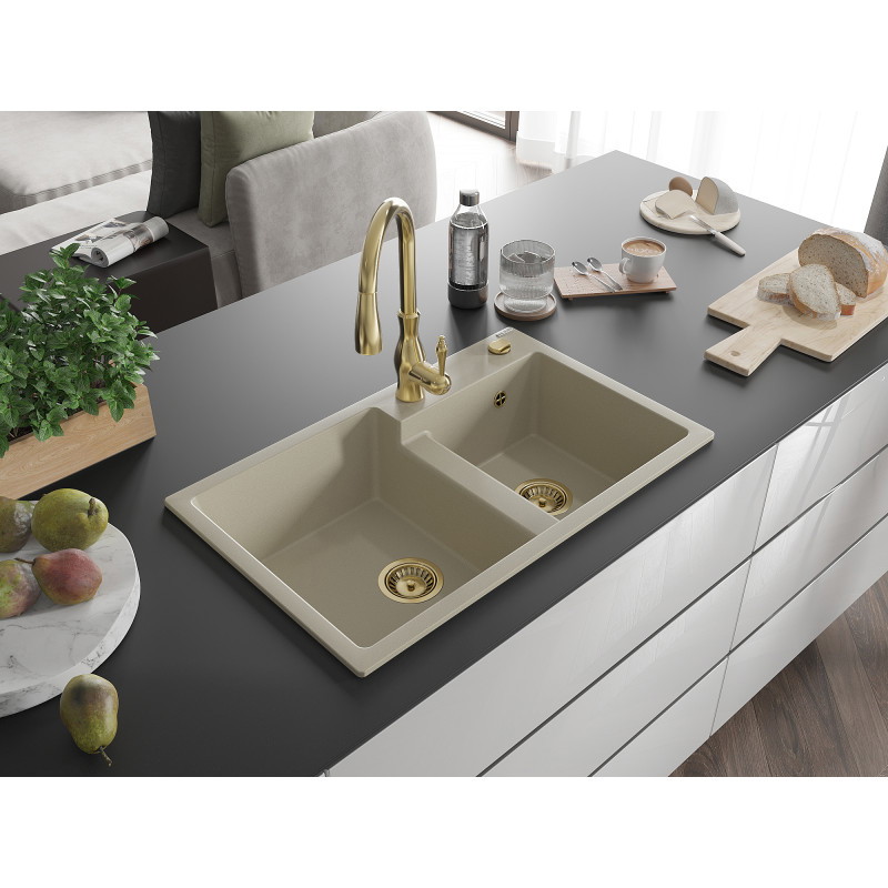 Mexen Tomas 2-Kammer-Granitzlewozmywak mit Küchenarmatur Savita, beige - 6516-69-672601-50