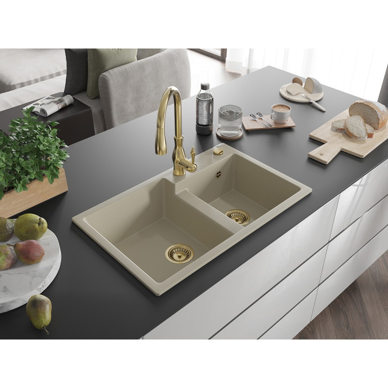 Mexen Tomas granitspüle 2-becken mit küchenarmatur Savita, beige - 6516-69-672601-50
