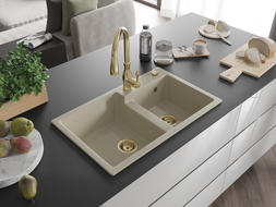 Mexen Tomas granitspüle 2-becken mit küchenarmatur Savita, beige - 6516-69-672601-50