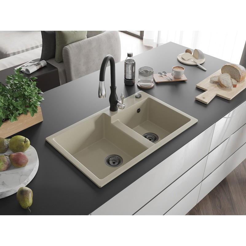 Mexen Tomas Granitspüle 2-Kammer mit Küchenarmatur Savita, beige - 6516-69-672601-70