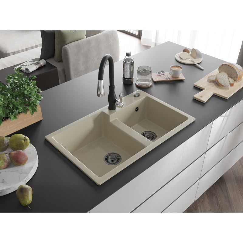 Mexen Tomas Granitspüle 2-Kammern mit Küchenarmatur Savita, beige - 6516-69-672601-70