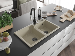 Mexen Tomas Granitspüle 2-Kammer mit Küchenarmatur Savita, beige - 6516-69-672601-70