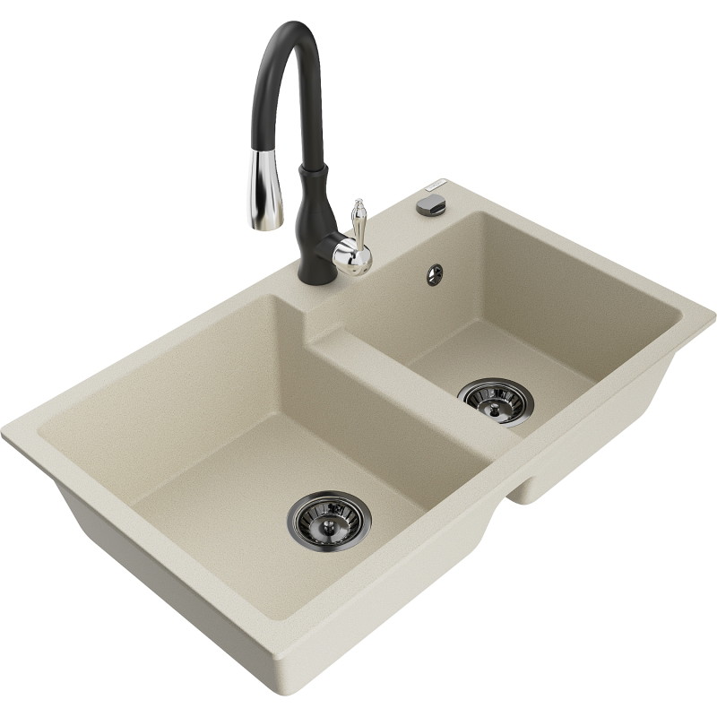 Mexen Tomas granitspüle 2-becken mit küchenarmatur Savita, beige - 6516-69-672601-70
