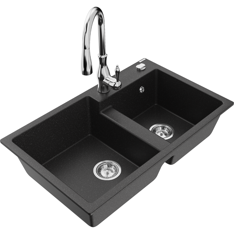 Mexen Tomas Granitspüle 2-Kammer mit Küchenarmatur Savita, schwarz/silber metallic - 6516-73-672601-00