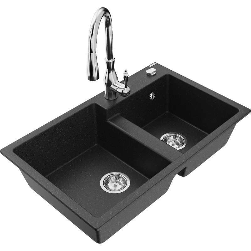 Mexen Tomas granitspüle doppelbecken mit küchenarmatur Savita, schwarz/silber metallic - 6516-73-672601-00