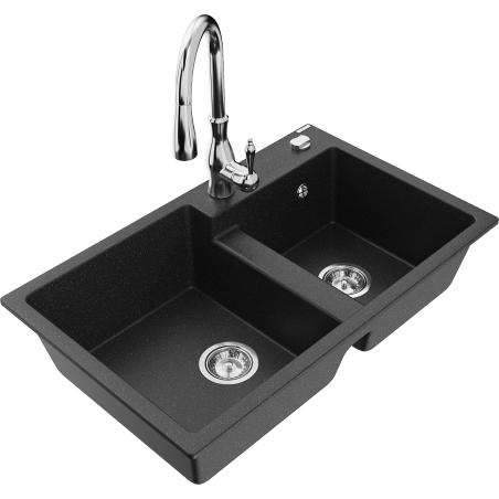 Mexen Tomas granitspüle doppelbecken mit küchenarmatur Savita, schwarz/silber metallic - 6516-73-672601-00
