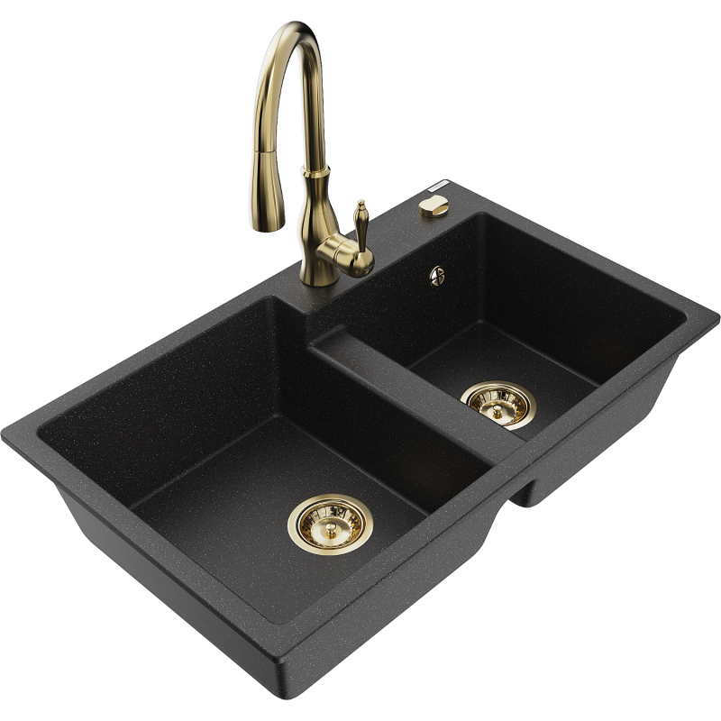 Mexen Tomas Granit-Spülbecken 2-Kammer mit Küchenarmatur Savita, schwarz/silber Metallic - 6516-73-672601-50