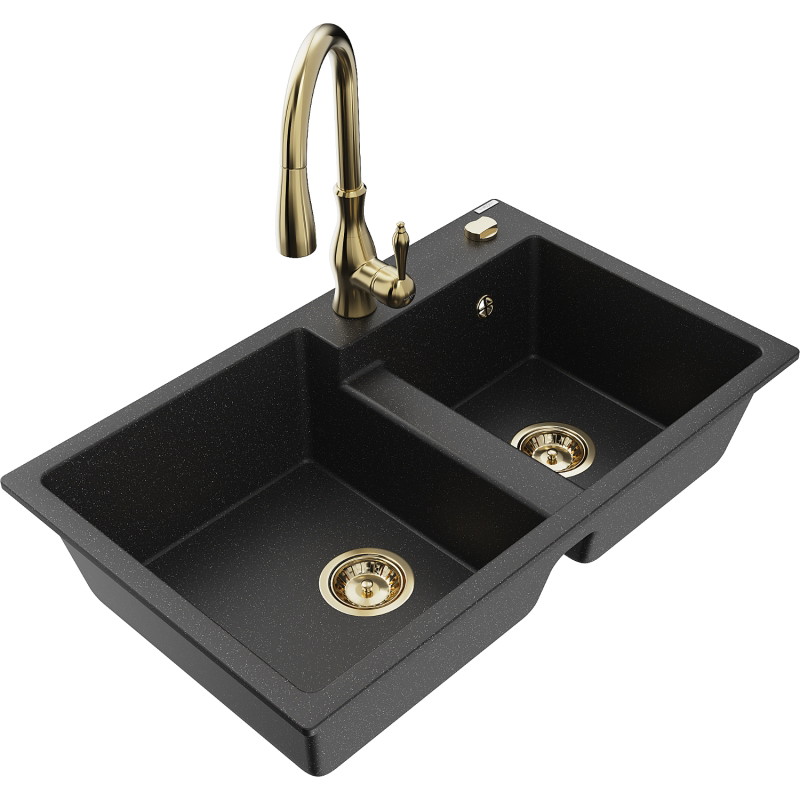 Mexen Tomas Granitspüle 2-Kammer mit Küchenarmatur Savita, schwarz/silber metallic - 6516-73-672601-50